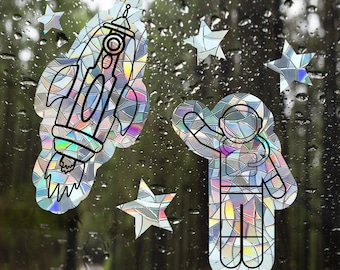 suncatcher stickers for windows, space astronaut rocket rainbow maker decal sticker, rainbow window cling rainbow window suncatcher