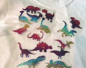 17 Dinosaurier Bügelbilder, Dinosaurier Heat Transfer Patch, Dinosaurier Shirt Applikationen, Glitzer htv Transfers, Dinosaut T-Rex Aufnäher