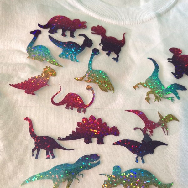 17 Dinosaurier Bügelbilder, Dinosaurier Heat Transfer Patch, Dinosaurier Shirt Applikationen, Glitzer htv Transfers, Dinosaut T-Rex Aufnäher