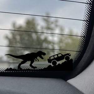 Autocollant pour rétroviseur de voiture : 2 T-Rex et voiture tout-terrain ; autocollant pour rétroviseur ou pare-chocs de SUV dinosaure