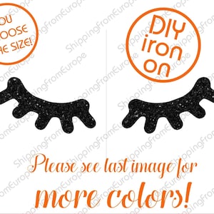 Puede incluir: Diseño de pestañas de purpurina negra para planchar. La imagen incluye el texto "DIY iron on" y "You choose the size!" en círculos naranjas.