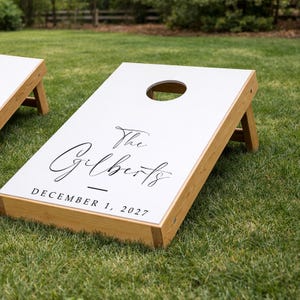 Aufkleber für Cornhole-Hochzeiten, personalisierte Aufkleber, Schilder mit Familiennamen und Datum, individuelle Aufkleber für Bohnensackwurfspiele