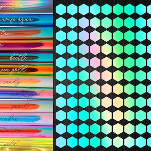 Peut inclure: Un dégradé de couleurs affiché sur un fond noir. Les couleurs sont disposées en forme de nid d'abeille. Les couleurs sont : spectre complet, turquoise aqua, beige, prune, scarabée, or vert, barbe à papa, rose violet, pêche, arc-en-ciel, rose magenta, or.