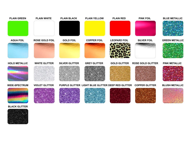 May include: A chart showing 24 different color and finish options for a product. The options include plain colors, metallic finishes, foil finishes, and glitter finishes.