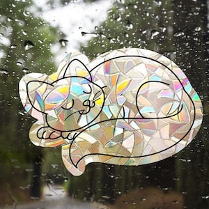 Sleeping cat suncatcher sticker for windows, window sun catcher film, rainbow maker sticker, rainbow window cling, rainbow window prism