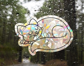 Sleeping cat suncatcher sticker for windows, window sun catcher film, rainbow maker sticker, rainbow window cling, rainbow window prism