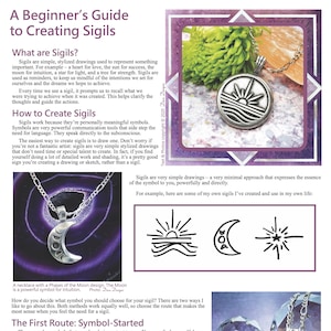 Può includere: Una guida per principianti alla creazione di sigilli. L'immagine mostra una pagina con testo e illustrazioni sui sigilli. Include esempi di sigilli, come un sole sull'acqua, una luna crescente e una stella. Ci sono anche collane con ciondoli sigillo.