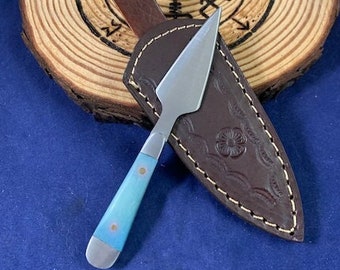 Fabulous, Hand Forged, D2 Steel, Athame/Dagger/Bosom Knife, Double Edge Blade, Full Tang, Blue Camel Bone Handle, Leather Sheath, Excellent!