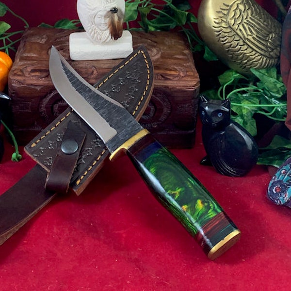 Gorgeous, Hand Forged, D-2 Tool Steel, Boline/Working Knife, Full Tang, Hard Wood Handle, Brass Guard/Butt Cap, Leather Sheath, Excellent!