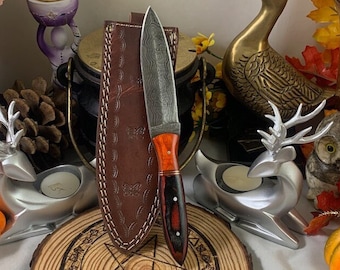 Beautiful, Hand Forged, Damascus Steel, Athame/Dagger, Double Edge Blade, Full Tang, Hard Wood Handle & Bolster, Leather Sheath, Excellent!