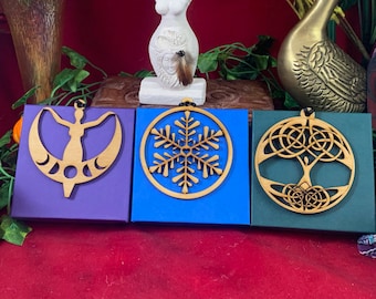 Gorgeous, Birch Wood, Yule/Christmas Ornaments, Deva Designs, Choose One: Goddess, Tree of Life, Snowflake. Gift Boxed! Excellent!