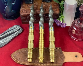 Stunning, Hand Forged, Damascus Steel, Kris Blade, Athame/Dagger, Brass Handle, Leather Sheath. Choose One! Excellent!