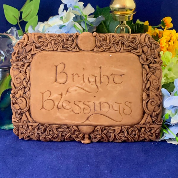 Gorgeous, "Bright Blessings" Resin Plaque with Wood Finish, Celtic Knot Work, Triple Moon/Pentagram/Chalice/Stags, Dryad Designs, Excellent!