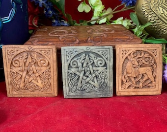 Beautiful, Celtic Pentagram or Celtic Stag, Altar Tile/Small Plaque, Wood or Stone Finish, Celtic Knot Work, Dryad Designs, Excellent!