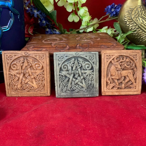 Beautiful, Celtic Pentagram or Celtic Stag, Altar Tile/Small Plaque, Wood or Stone Finish, Celtic Knot Work, Dryad Designs, Excellent!