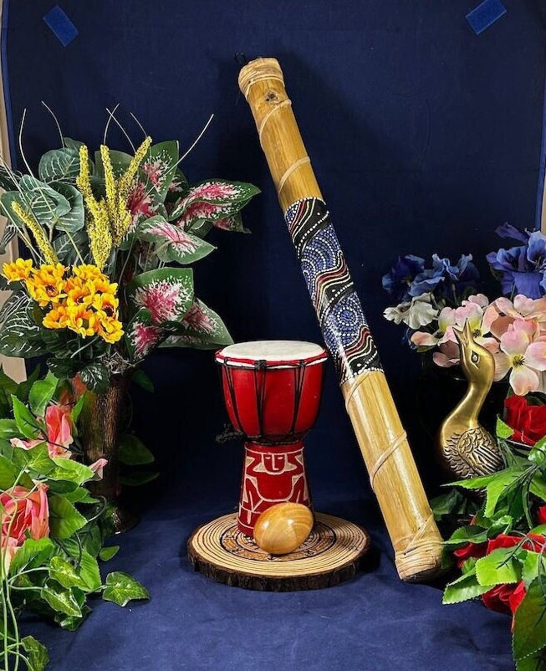 Trio of Musical Instruments: Painted Rainstick, Hand-carved Mini Djembe ...