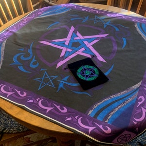 Gorgeous, Pentacle Altar Cloth/Tarot Cloth, 36&quot; x 36&quot; and Velvet Tarot Bag, 7&quot; x 5&quot;, Embroidered Pentacle, Vibrant Colors, Excellent!