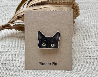 Black Cat Wooden Pin Badge, Cats