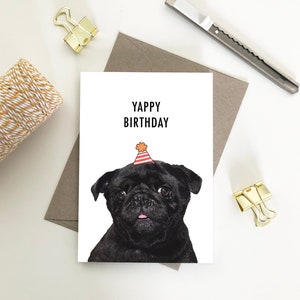 Happy Birthday, Zwarte Mopshond, Happy Birthday Eco-vriendelijke gerecyclede papieren kaarten
