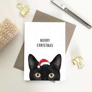 Gato preto meia cara, cartão de feliz natal, saudações da estação, cartões de natal de papel reciclado ecológico