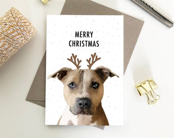 Staffy, Merry Christmas Card, Seasons Greetings, Eco Friendly Recycled Paper Christmas cards