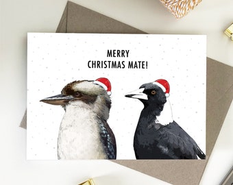 Merry Christmas Mate, Kookaburra and Magpie, Seasons Greetings, Eco Friendly Recycled Paper Christmas card