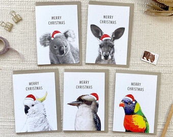 Australian Wildlife Animal Pack of 5 Mixed, Eco Friendly Recycled Paper Christmas Cards, Seasons Greetings