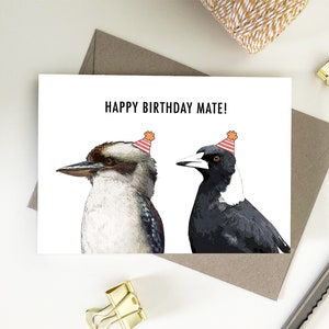 Happy Birthday Mate, Kookaburra and Magpie, Eco Friendly Recycled Paper Card
