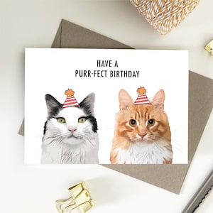 Have a Purrfect Birthday Card, Ginger Cat And Domestic Cat Birthday Eco Friendly Recycled Paper Cards
