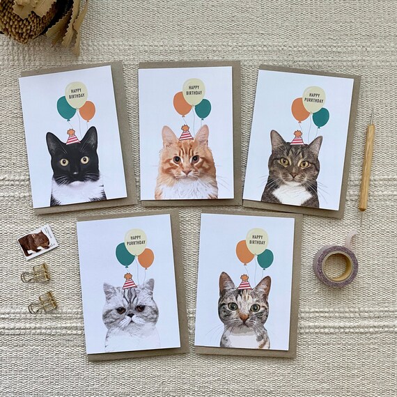 Anniversaire De Lamoureux Du Chat Avec Ballons Carte En Etsy France