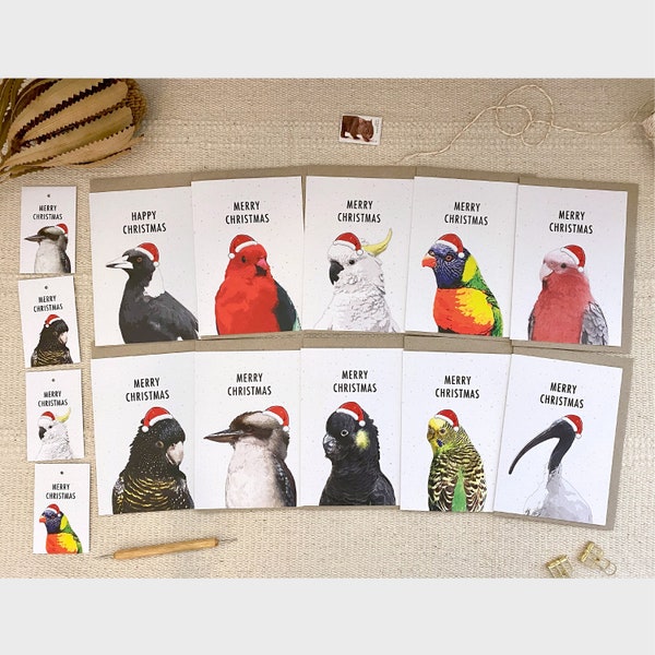 Australian Bird Pack of 10 Mixed Christmas Cards Plus Bonus 4 Christmas Gift Tags, Eco Friendly Recycled Paper Christmas Cards