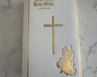 New American Bible Memorial Edition Illustrated White Gold Catholic Vintage NAB
