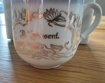 Antique German Porcelain Gift Cup "A Present" Gold Luster Floral Victorian c1900