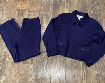 Conjunto de traje de pantalón morado Jones & Co para mujer, talla 12/14, chaqueta con cremallera y pantalón de pierna recta.