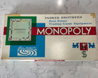 Vintage 1961 Parker Brothers Monopol Brädspel Blå Låda Trähus Metall