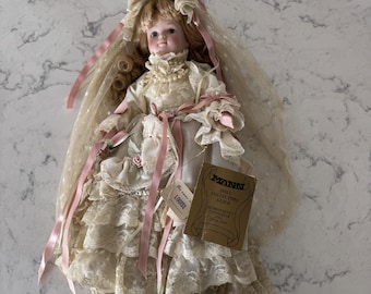 Mann Vintage Porcelain Doll Lace Dress Pink Ribbon Bonnet Original Tag