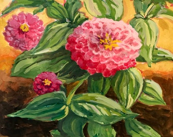 Garden fresh Pink Zinnias original painting by Dotty Hawthorne