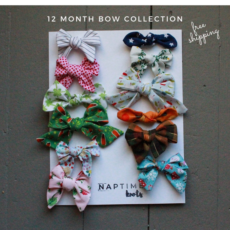 Monthly Nylon and Clip Options 12 MONTH BOW Collection Baby Girl Baby Shower Gift School Girl Bow Knotted Bow RTS Pinwheel Bow