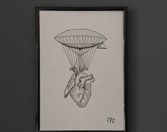 Heart air ship A4 pen drawing