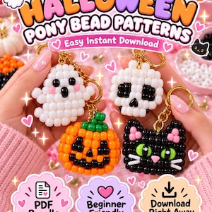 May include: Halloween pony bead patterns featuring a ghost, skull, pumpkin, and black cat keychain design. The text reads HALLOWEEN PONY BEAD PATTERNS, Easy Instant Download, PDF Bundle, Beginner Friendly, and Download Right Away.