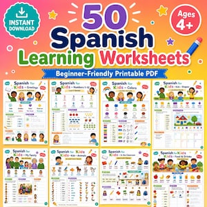 50 páginas de hojas de trabajo para aprender español para niños (imprimibles) / Paquete de actividades de español para principiantes / Currículo bilingüe