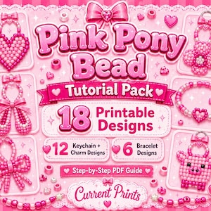 Pode incluir: Um pacote de tutorial de miçangas Pink Pony com 18 designs imprimíveis, incluindo 12 padrões de chaveiros e pingentes e 6 padrões de pulseiras. A imagem exibe várias criações de miçangas rosas como corações, laços e um porco com texto.