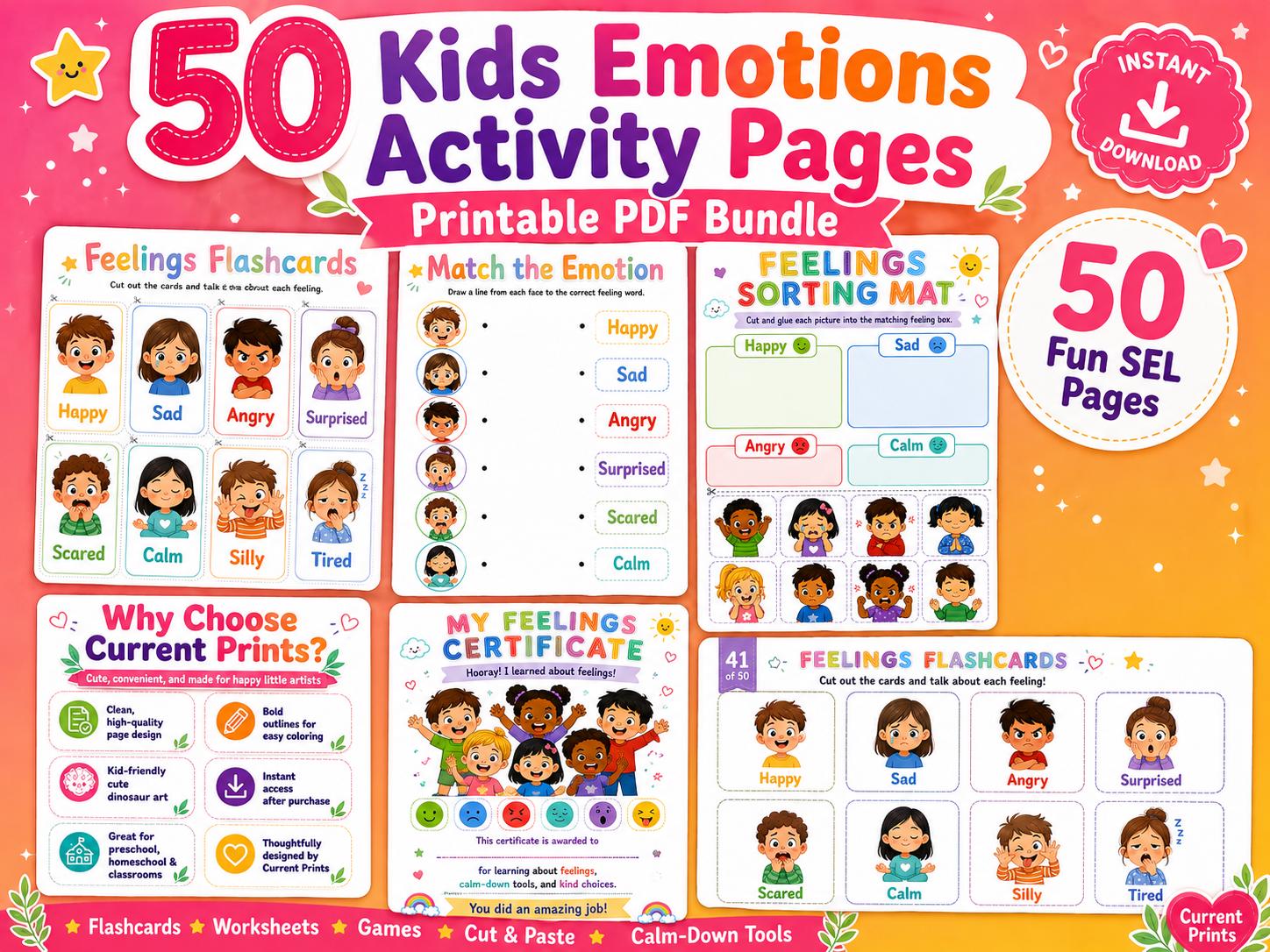 Kids Emotions Activity Bundle Printable Feelings Flashcards & Worksheets SEL - Social Emotional Learning
