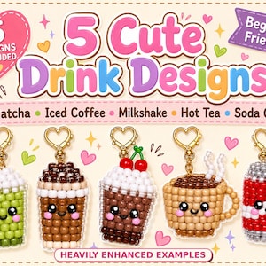 Può includere: Cinque portachiavi di perline con disegni di bevande: matcha, caffè freddo, frappé, tè caldo e lattina di soda. Ogni portachiavi ha una chiusura dorata a forma di cuore e un volto sorridente. Il testo recita 5 Cute Drink Designs.