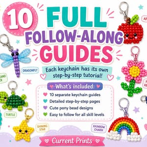 May include: A collection of ten pony bead keychain designs including a monkey, deer, dragonfly, turtle, star, apple, ice cream cone, flower, rainbow, and American flag, accompanied by text reading 10 FULL FOLLOW-ALONG GUIDES and What's included.