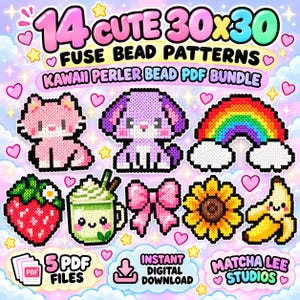 May include: A digital bundle of 14 fuse bead patterns featuring pixel art designs of a pink cat, purple puppy, rainbow, strawberry, matcha drink, pink bow, sunflower, and banana. The image includes text reading 14 CUTE 30x30 FUSE BEAD PATTERNS.