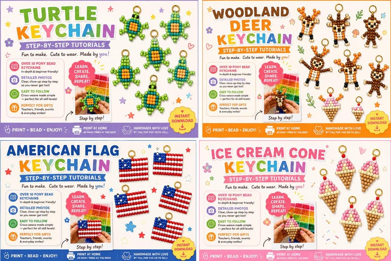 Turtle Bead Keychain Tutorial Pony Bead Keychain Tutorials, Animal Designs, Craft Guide (digital ...