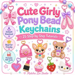 Girly Pony Bead Keychain Tutorials, Pink Bead Pattern Guide, Kids Craft Printable, Backpack Charm How-To
