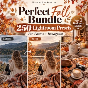 May include: A digital product bundle titled Perfect Fall Bundle 250 Lightroom Presets for Photos + Instagram by MatchaLeeStudios. The graphic displays before and after photo editing examples featuring a person by a lake and cozy autumn scenes.