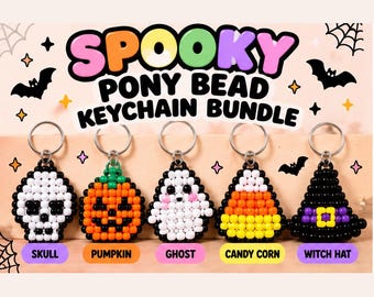 5 Spooky Pony Bead Keychain Patterns PDF Bundle | Halloween Beading Tutorial | Skull Pumpkin Ghost Candy Corn Witch Hat Keychain Guide